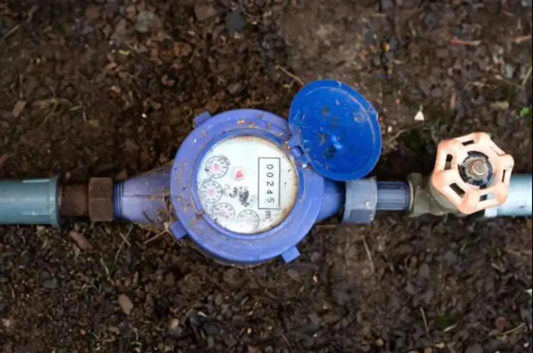 Close-up of a blue analog water meter installed in the ground, showing the dial and readout for detecting hidden irrigation and plumbing leaks.