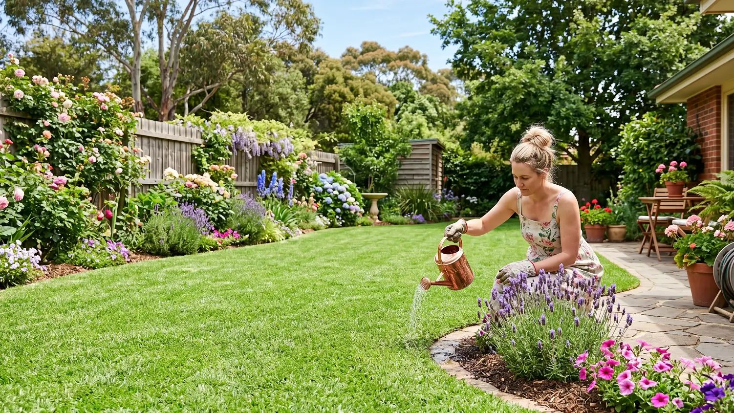 Using greywater to irrigate the lawn and garden in a residential backyard.