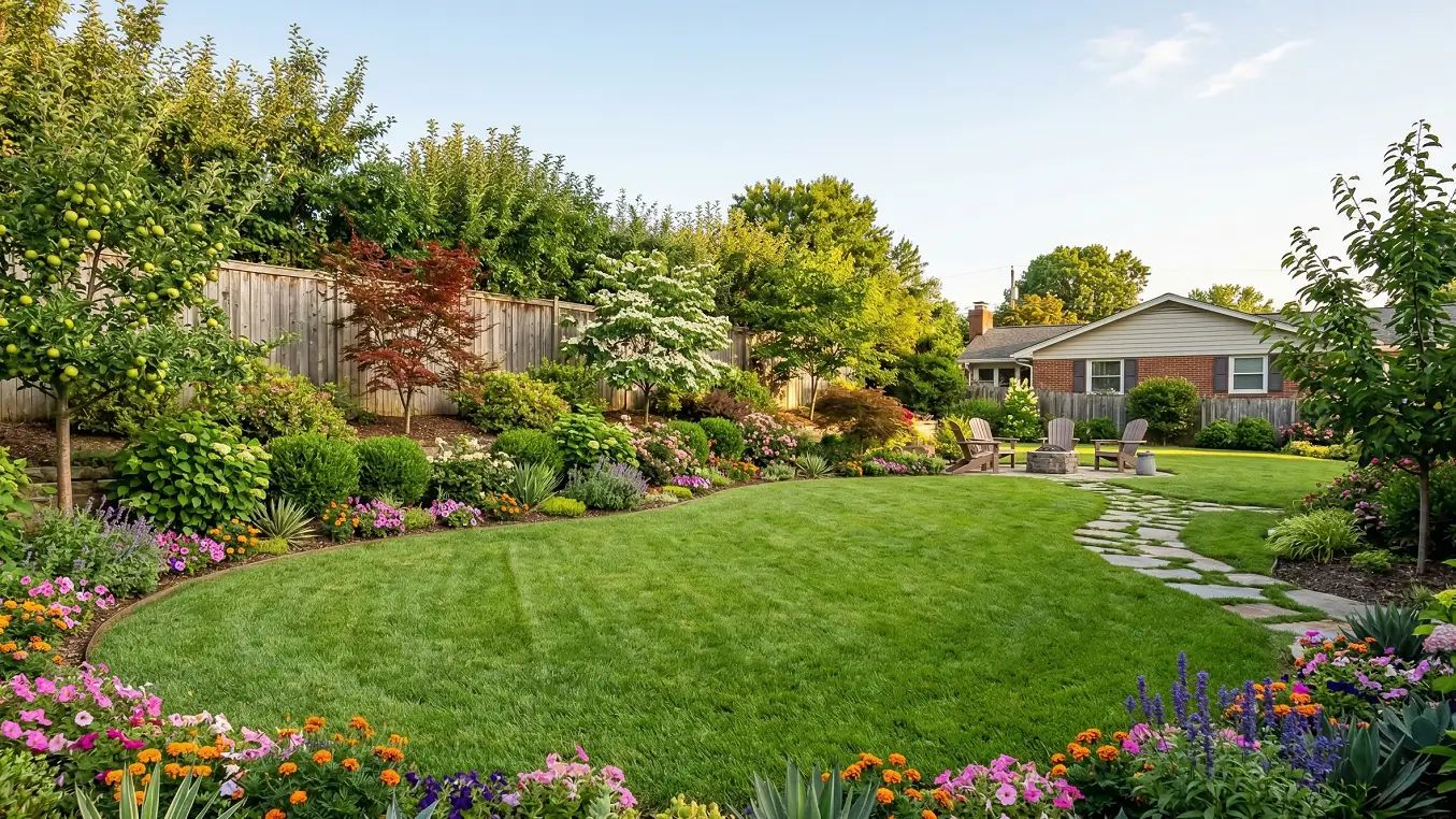 Lush residential backyard with hydrozoned lawn, flower beds, and trees showcasing water-efficient landscaping design.