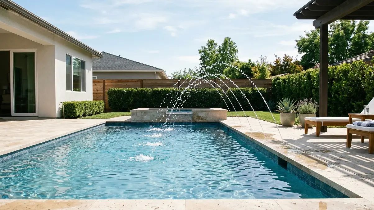 Gentle pool aerator fountain spraying water to cool and balance pool chemistry.