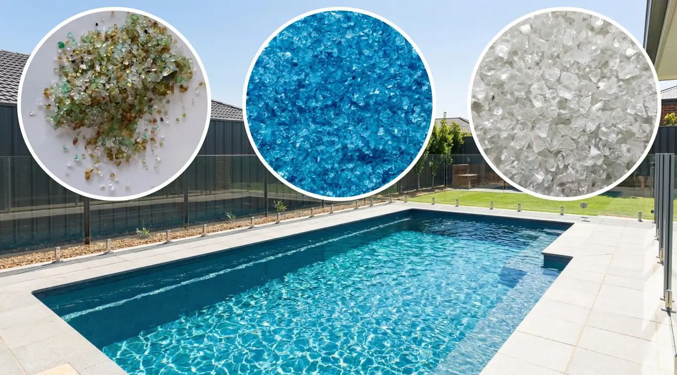 Three different types of pool filter glass media are shown above a clear and clean swimming pool.