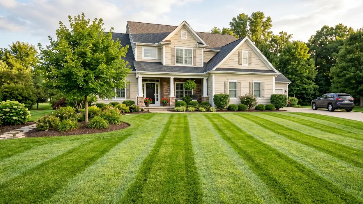 A lush green lawn with striking striped patterns created by professional mowing techniques, showing contrast between light and dark green blades.