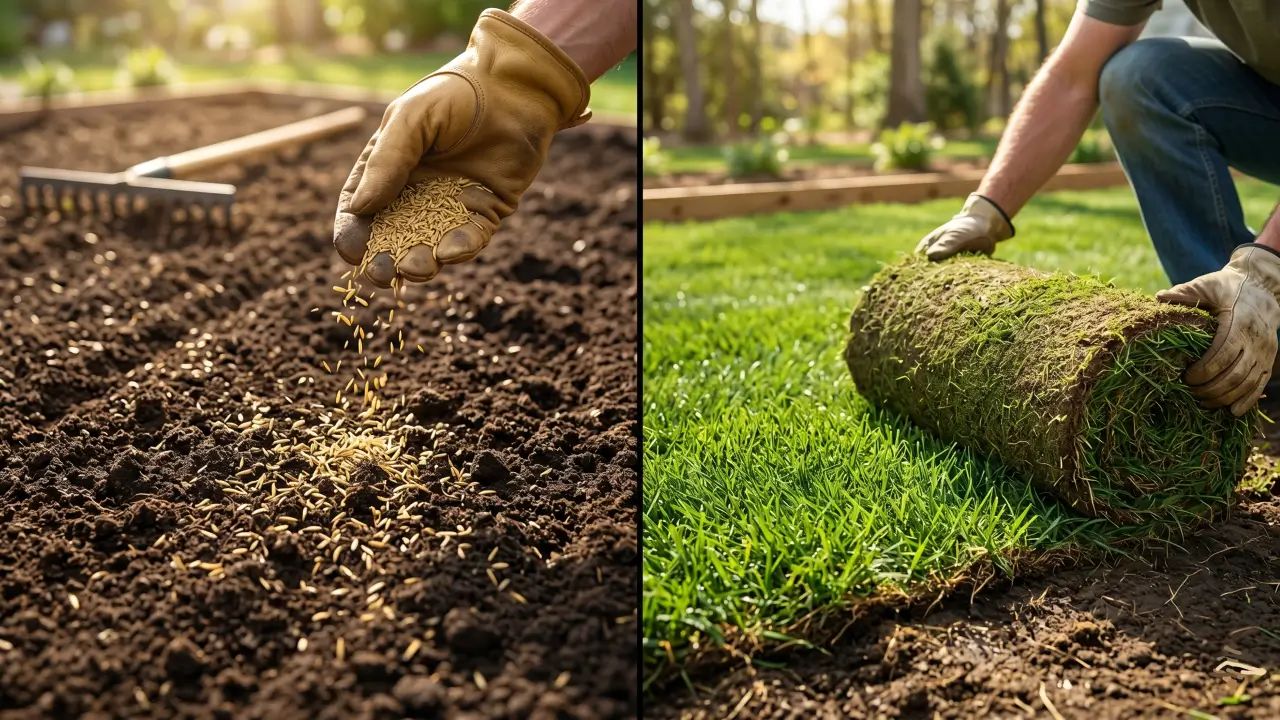 comparison of hand sowing grass seed and laying sod rolls for lawn installation.