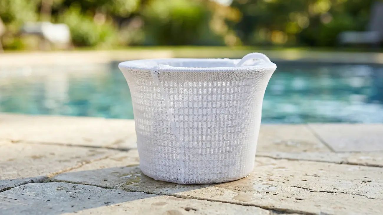 Fine mesh skimmer sock wrapped around a pool skimmer basket for pre-filtration.