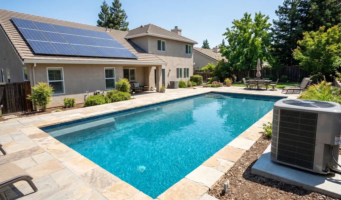 Solar panels on a roof and a pool heat pump unit next to a residential backyard pool in bright Australian sunlight.
