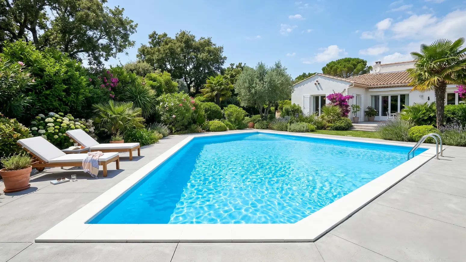 Beautiful residential concrete swimming pool with a smooth, freshly painted bright blue finish and clear sparkling water.