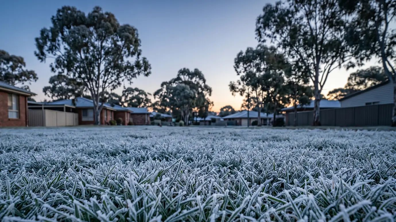 Australian lawn covered in white frost crystals at early dawn.