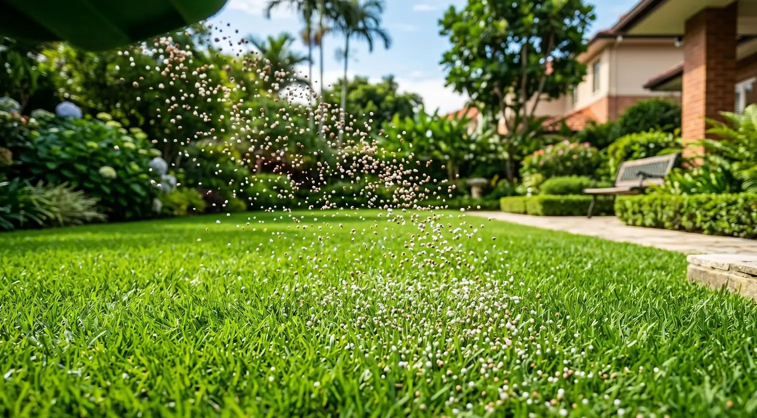 Granular lawn fertilizer falling evenly onto a lush green residential lawn.