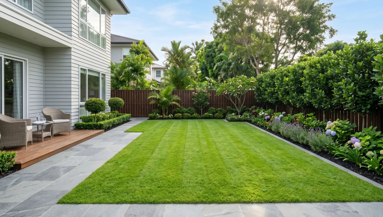 Lush, weed-free green lawn in a well-maintained backyard garden, showing the results of effective pre and post-emergent weed control.