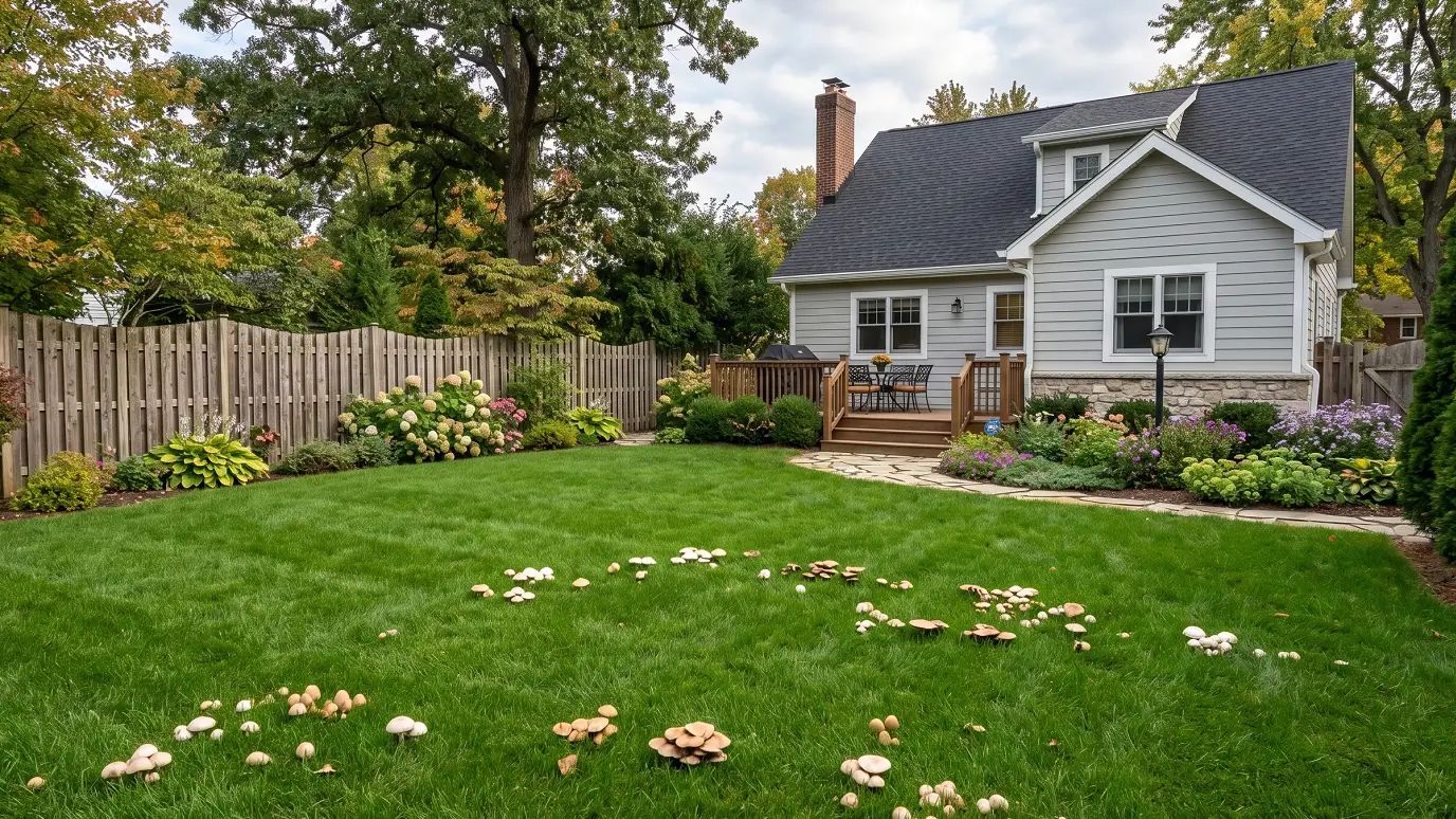 Clusters of wild mushrooms growing across a green residential yard lawn.