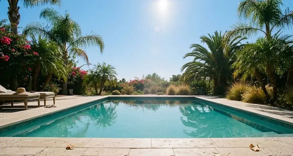 Backyard swimming pool under direct midday sun, feeling warm like a bath in hot summer weather.