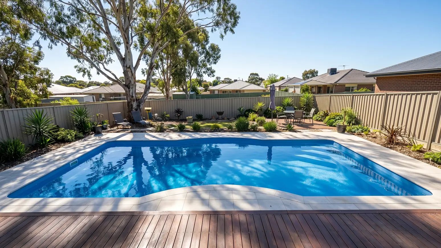 Clean fibreglass pool with smooth gel coat surface in Australian backyard.