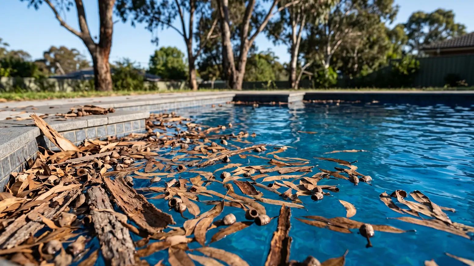 Swimming pool covered with floating eucalyptus leaves, gum nuts and bark debris, showing the heavy leaf debris problem that needs a specialized pool cleaner.