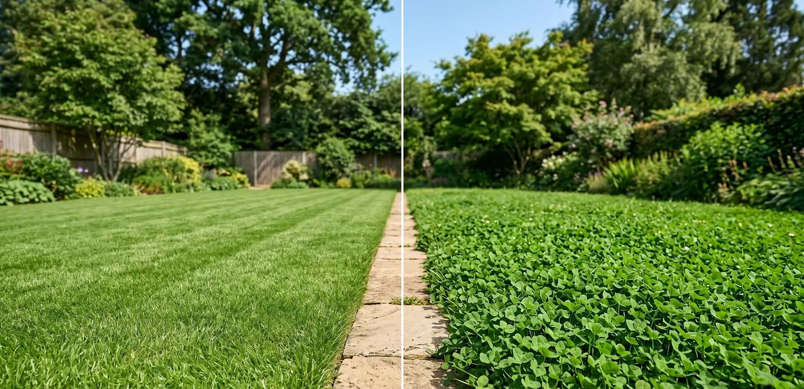 Side-by-side comparison of a neatly manicured traditional grass lawn (left) and a lush clover lawn (right) in a residential backyard.