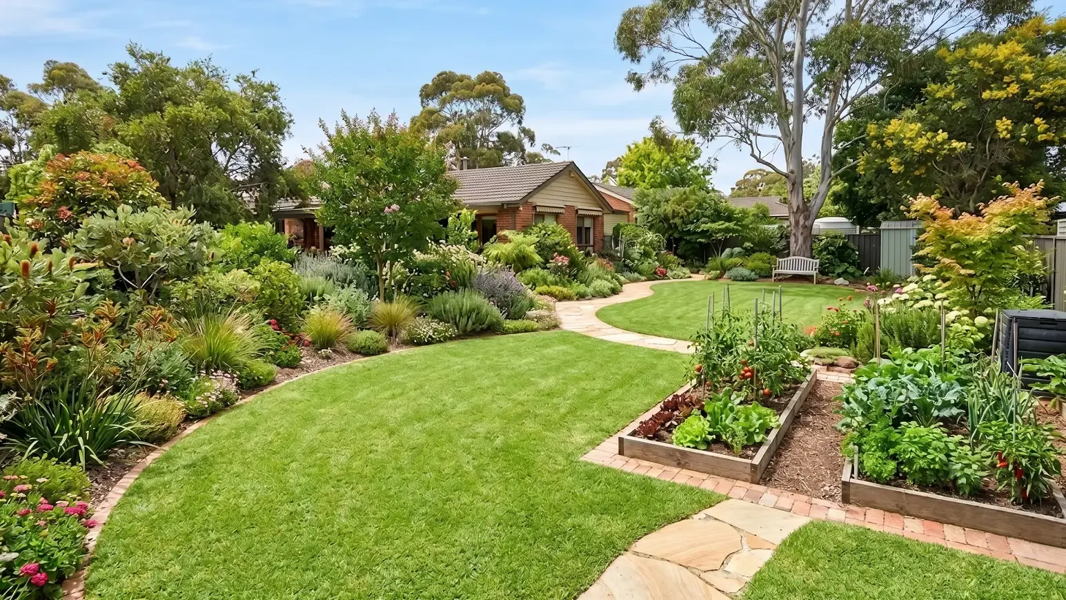 Diverse Australian residential garden with lawn, raised vegetable beds and curved shrub borders needing proper irrigation hoses.