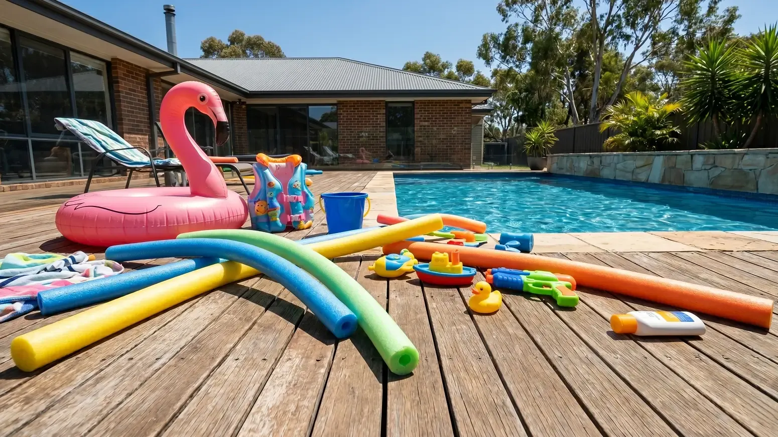 Messy Aussie pool deck scattered with inflatable floats and pool noodles, creating tripping hazards.