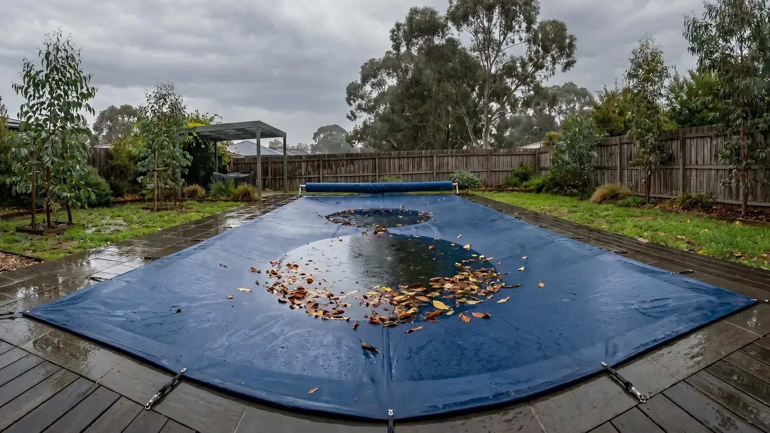 A blue in-ground pool cover sagging under the weight of accumulated rainwater and fallen leaves.