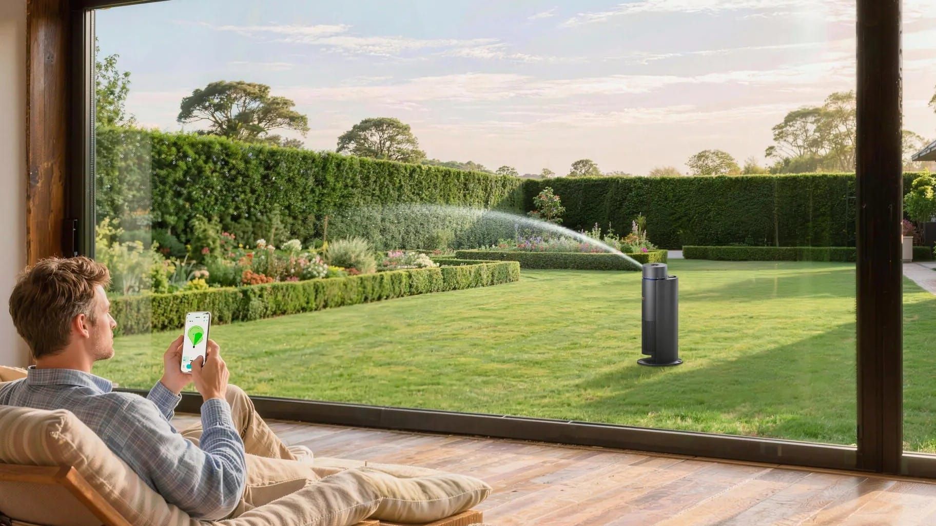 Homeowner controls wifi smart sprinkler via smartphone to water green lawn in Australian backyard garden.