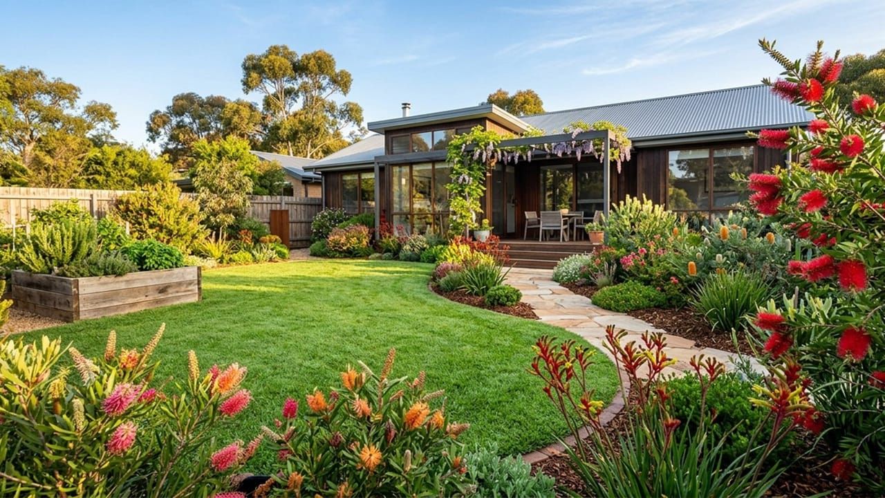 A lush, thriving green garden and lawn in a sunny Australian backyard during summer, demonstrating smart water management.