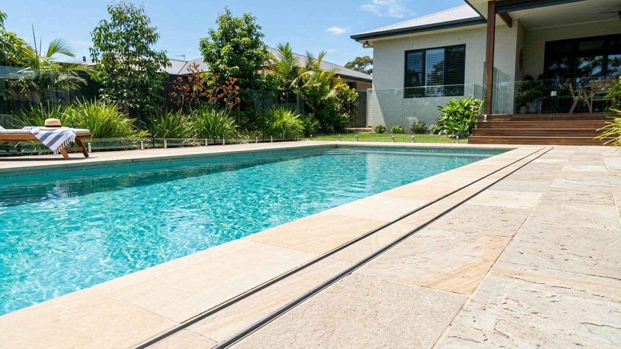 A clean and unblocked slot drain alongside a residential pool deck in a sunny backyard