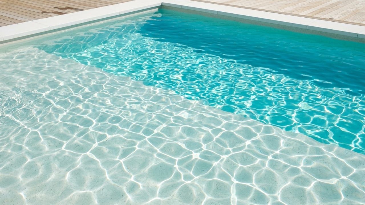 A minimalist top-down shot of crystal-clear, perfectly balanced blue swimming pool water sparkling under bright sunlight.