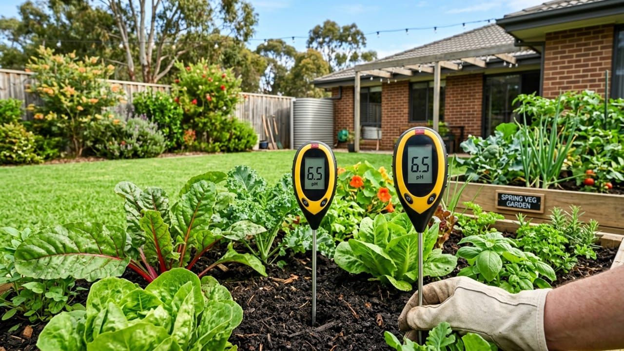 A lush green Australian backyard lawn and vegetable garden under the morning sun, featuring a digital soil pH tester showing a perfect 6.5 reading.