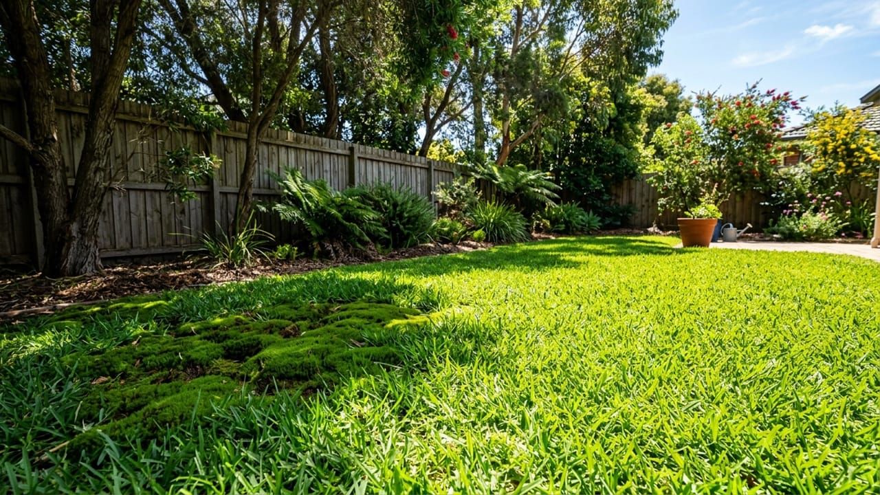 A vibrant green Australian lawn with noticeable moss patches expanding under the shade of backyard trees.