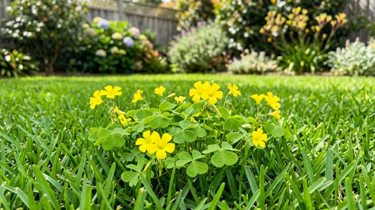 Close-up of yellow flowering oxalis weed growing in a green Australian lawn.