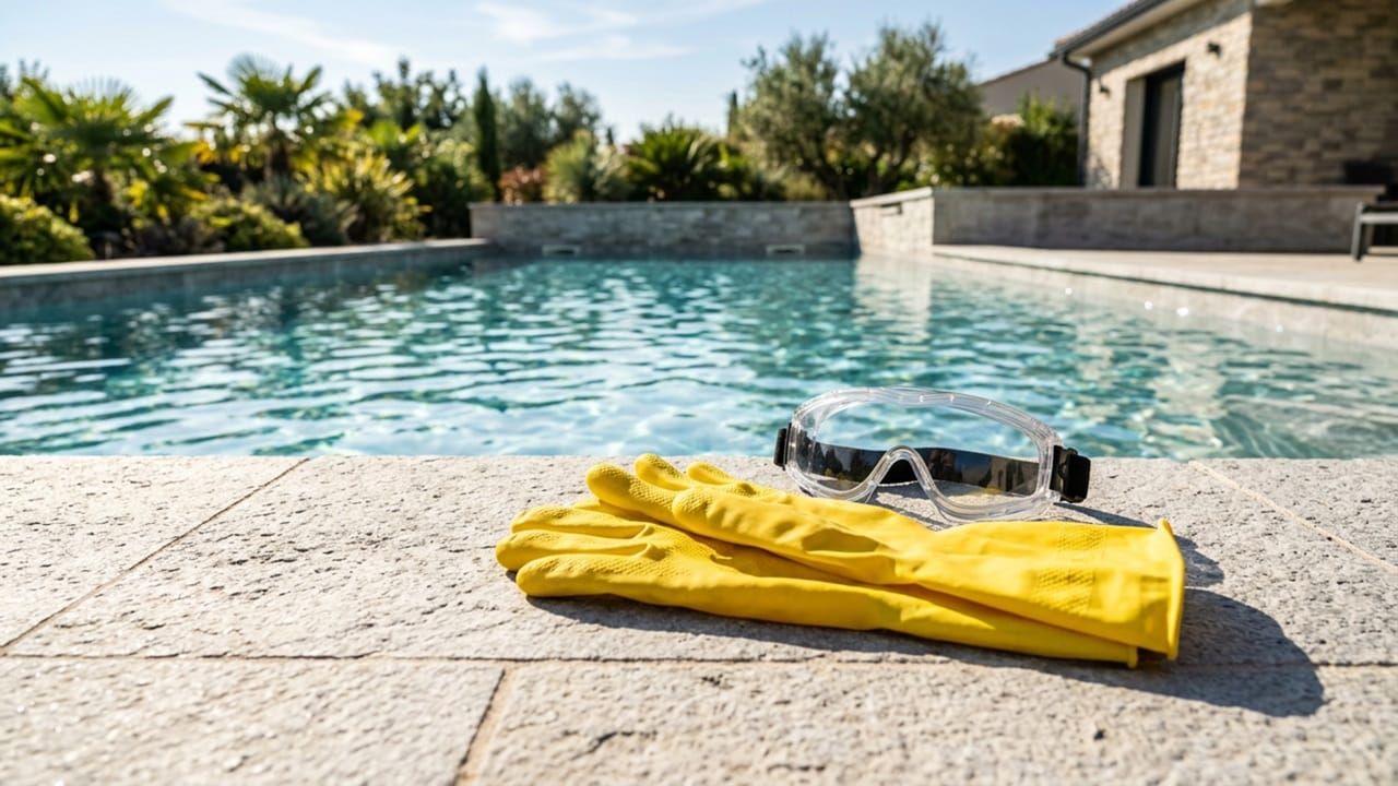 A minimalist shot of bright yellow protective gloves and safety goggles resting on a clean, sunny stone pool deck next to clear blue water.