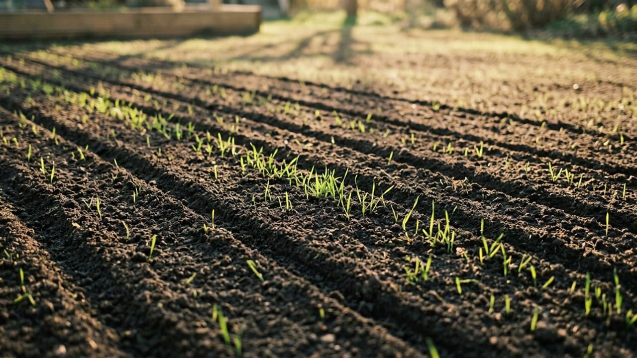 A minimalist, clean shot of a recently scarified residential lawn showing neat, parallel soil rows and fresh green shoots under the sun.