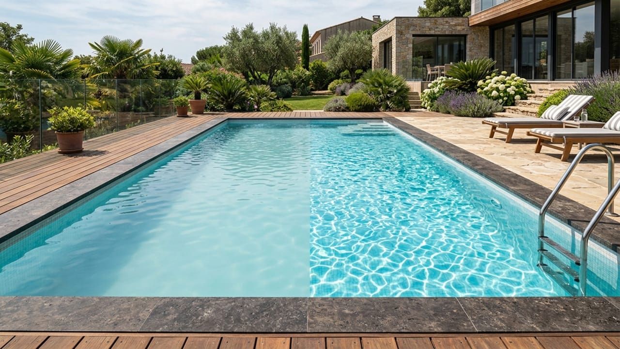 A split view of a backyard swimming pool showing cloudy water with calcium scaling on the left, and crystal-clear balanced pool water on the right under bright sunlight.