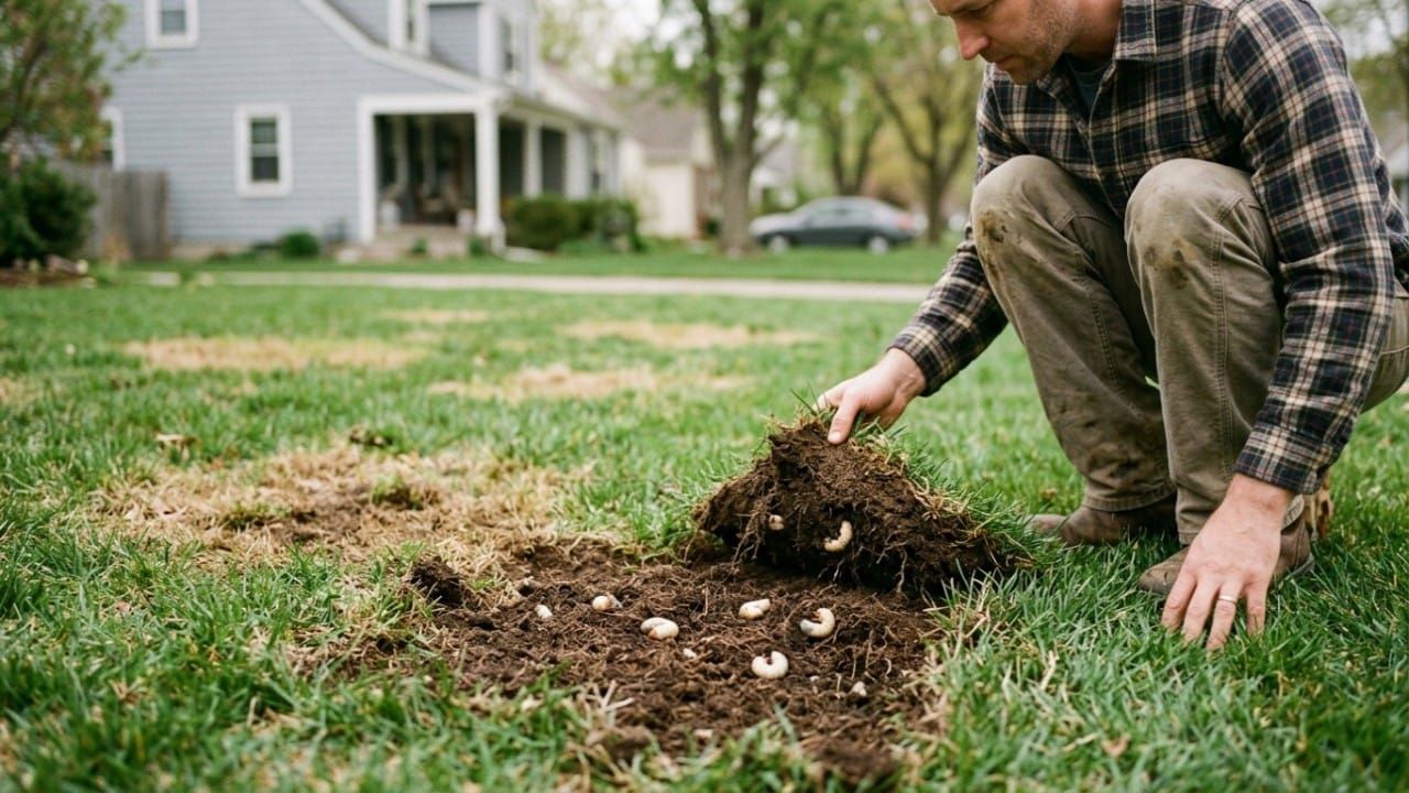 A close-up of a gardener's hand inspecting a neatly cut square of vibrant green lawn turf under warm morning sunlight.