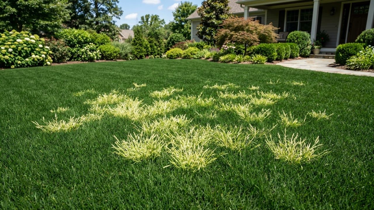 Pale green tufts of winter grass weeds growing and standing out in a healthy dark green lawn.