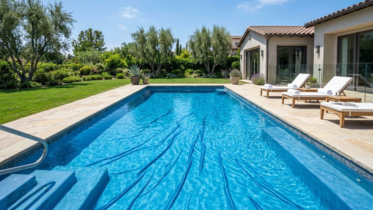 A clear backyard swimming pool showing visible long wrinkles on the blue vinyl pool liner underwater.