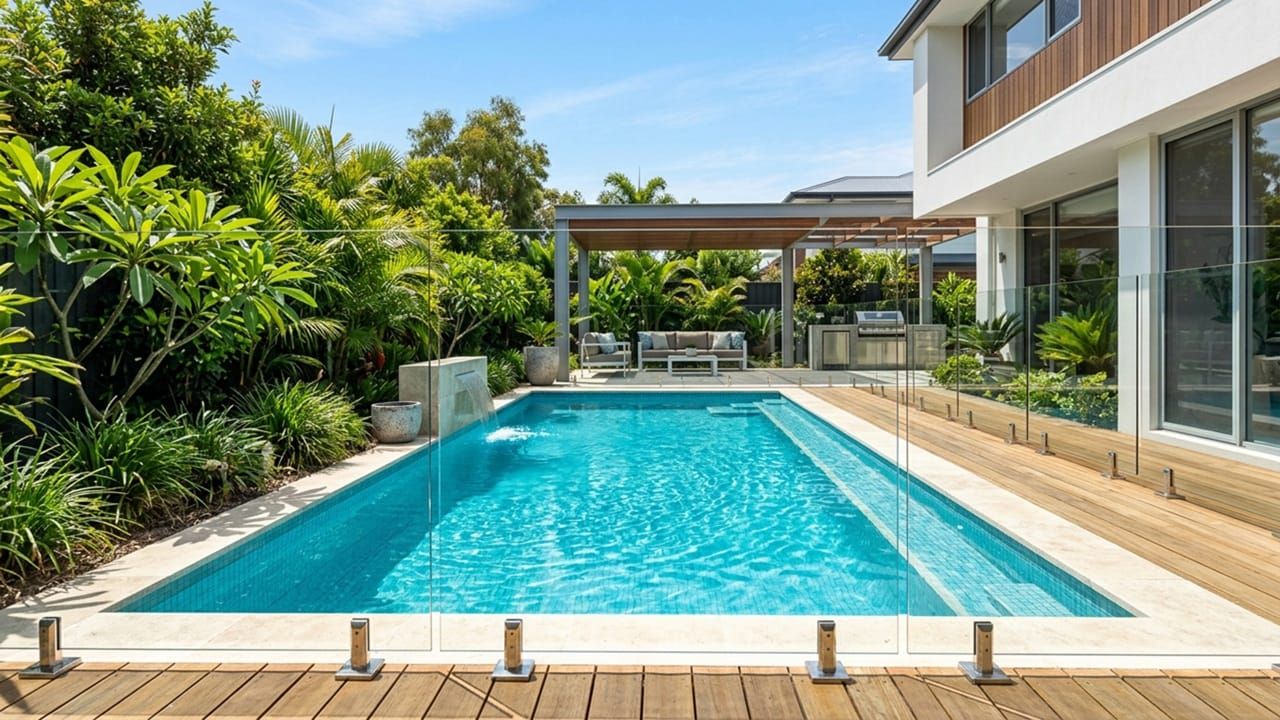 A pristine and crystal-clear frameless glass pool fence in a sunny modern backyard.