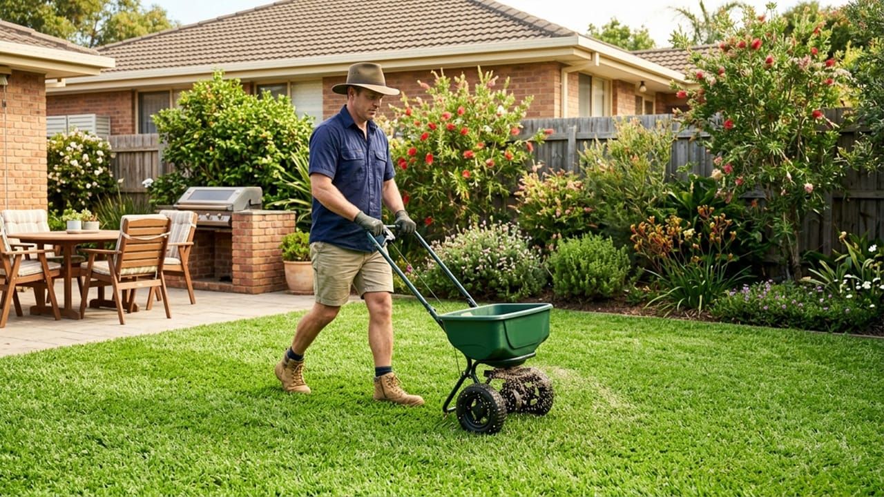 Healthy Australian buffalo lawn being fertilised during the right growing season