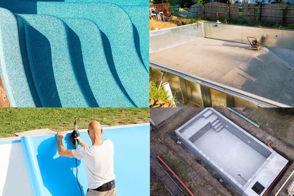 Four grid pictures of four different swimming pool materials