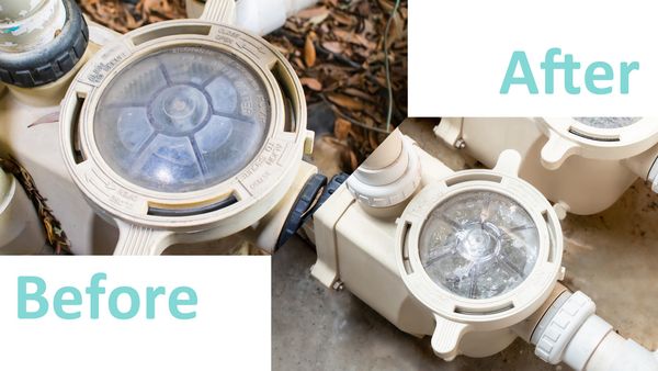 Before and after comparison of a clean and a dirty swimming pool pump strainer basket lid, showing the importance of maintenance.