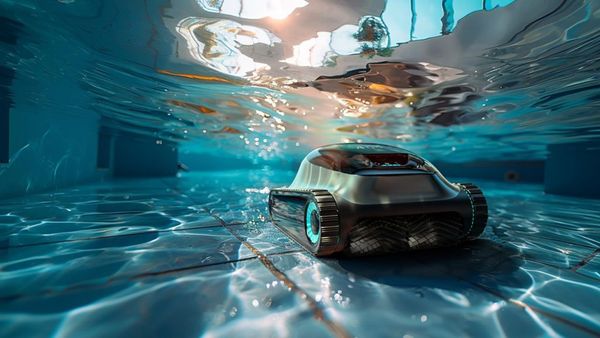 A  robotic pool cleaner on the tiled floor of a sparkling clean swimming pool, demonstrating the result of proper pool maintenance.