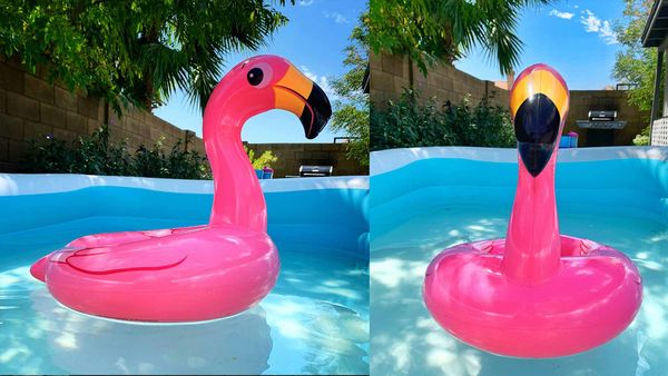 a big flamingo pool float in an inflatable pool