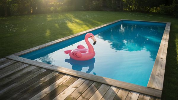 a swimming pool surrounded by green lawn