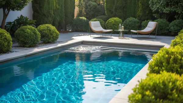 A sparkling clean in-ground swimming pool in a sunny backyard with clear blue water.