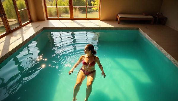 A person floating calmly in a warm therapeutic pool, soft sunlight coming through large windows.