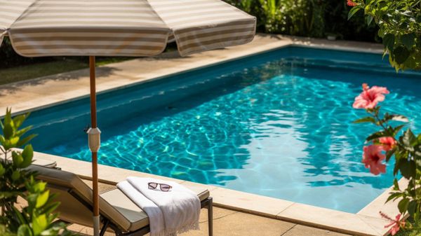  A lounge chair with a towel sits beside a tranquil swimming pool, with sunlight creating bright reflections on the water.