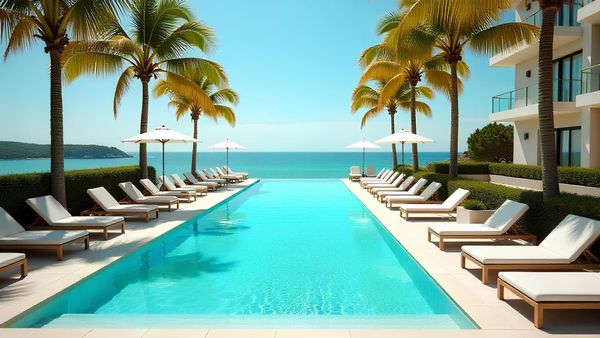 Luxury pool, turquoise water, palm trees, ocean view. Highlights balanced total alkalinity and pH for a perfect swim.