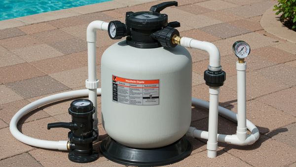 A clean, clear shot of a complete pool sand filter system, with the multiport valve and pressure gauge in sharp focus.