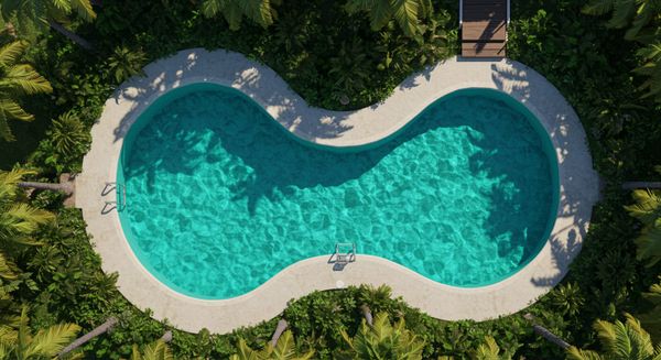 An swimming pool in a tropical setting with a wooden deck and a figure-eight shape, viewed from above.