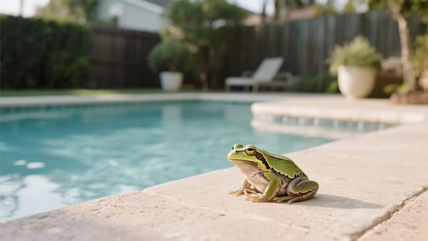 Green frog near pool edge, attracted to still water, pool maintenance tips.