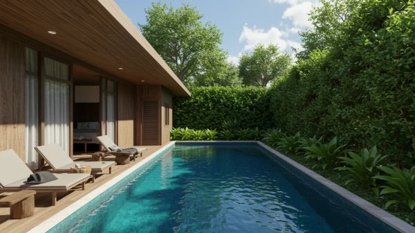 A sleek, modern magnesium pool is nestled beside a wooden villa, surrounded by lush green foliage.