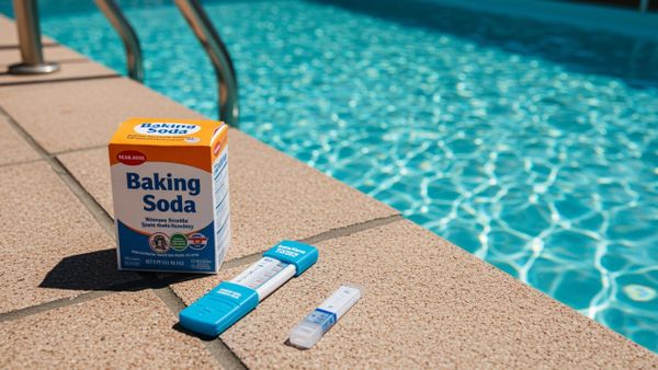 a box of baking soda and a water test kit resting on the edge of the pool deck.